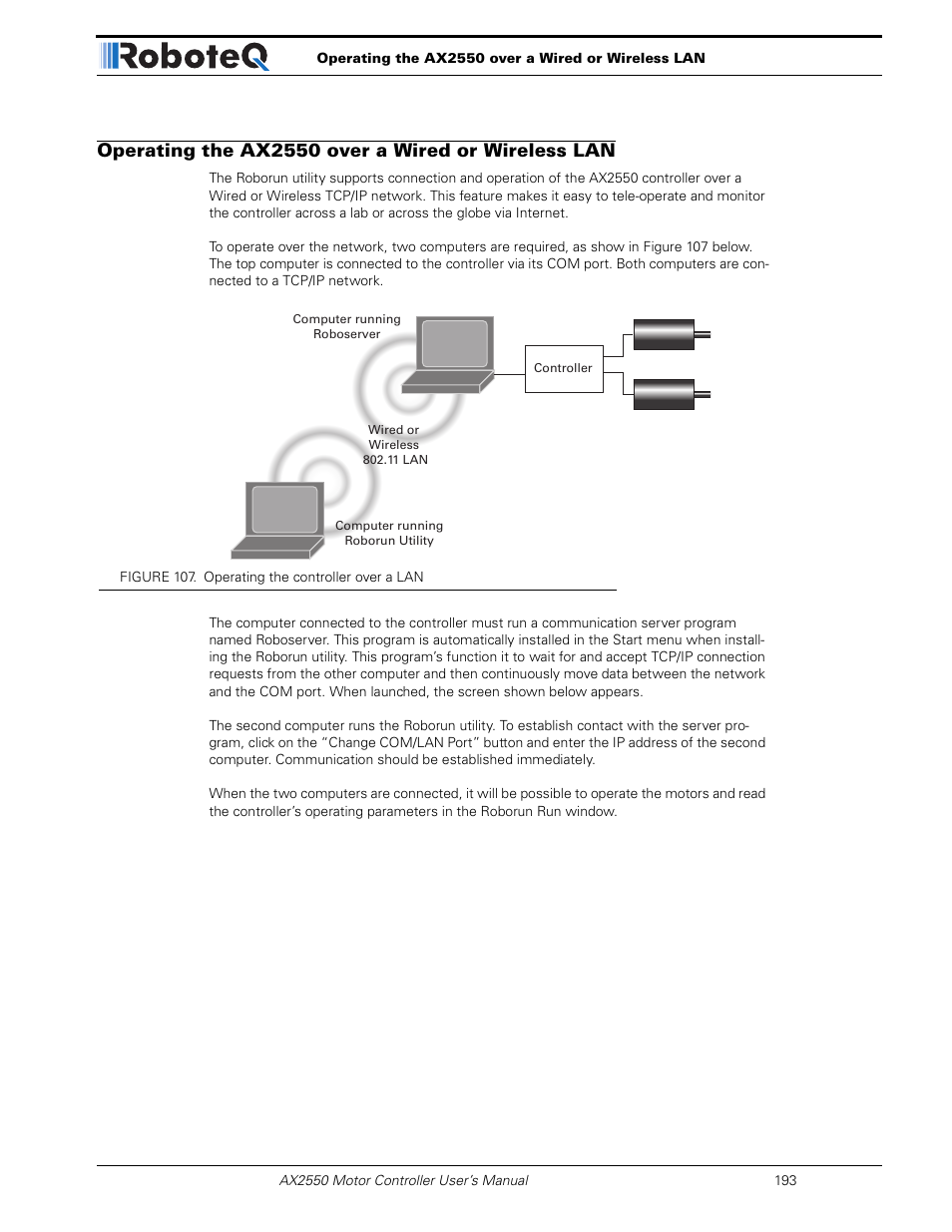 Operating the ax2550 over a wired or wireless lan | RoboteQ AX2850 User Manual | Page 193 / 200