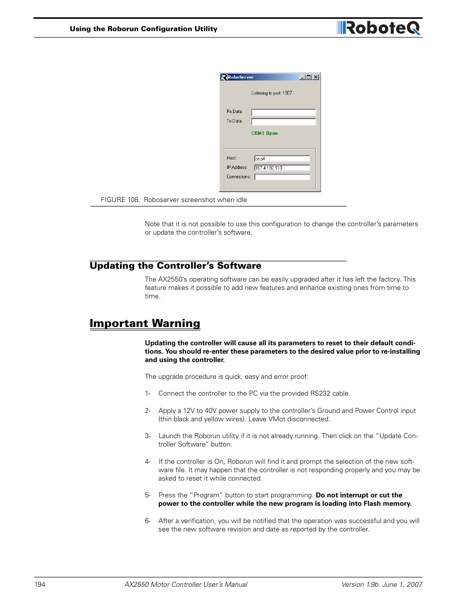 Updating the controller’s software, Important warning | RoboteQ AX2850 User Manual | Page 194 / 200