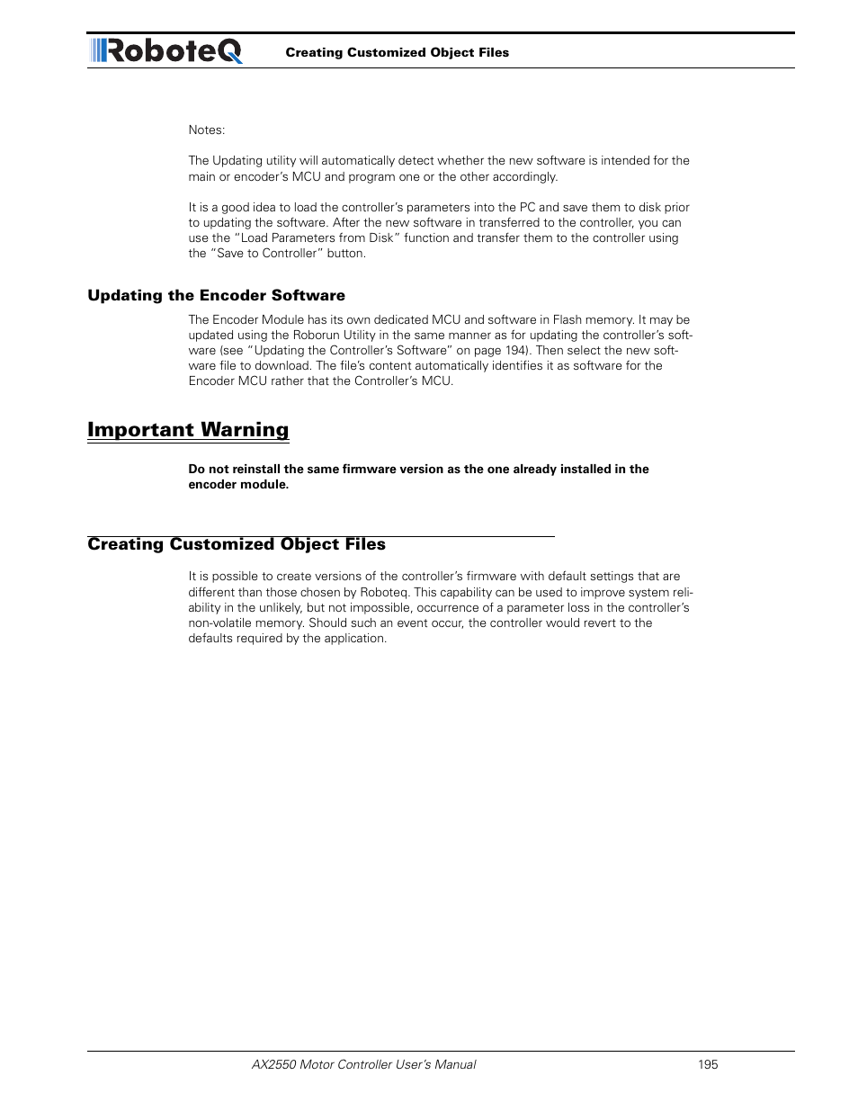 Updating the encoder software, Important warning, Creating customized object files | RoboteQ AX2850 User Manual | Page 195 / 200