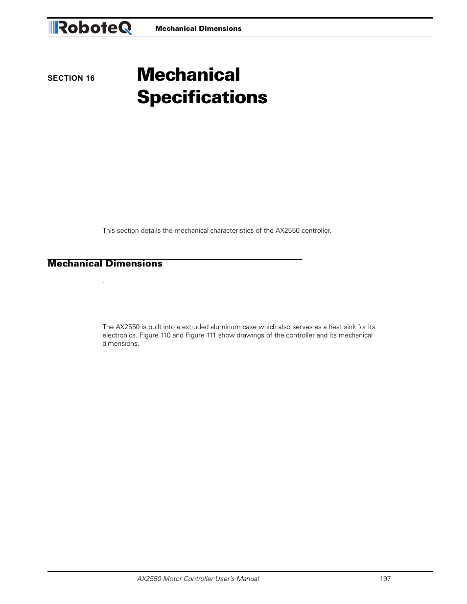 Section 16 mechanical specifications, Mechanical dimensions, Section 16 | Mechanical specifications | RoboteQ AX2850 User Manual | Page 197 / 200