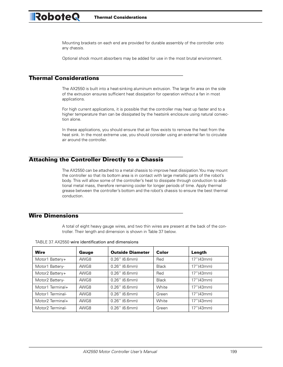 Thermal considerations, Attaching the controller directly to a chassis, Wire dimensions | RoboteQ AX2850 User Manual | Page 199 / 200