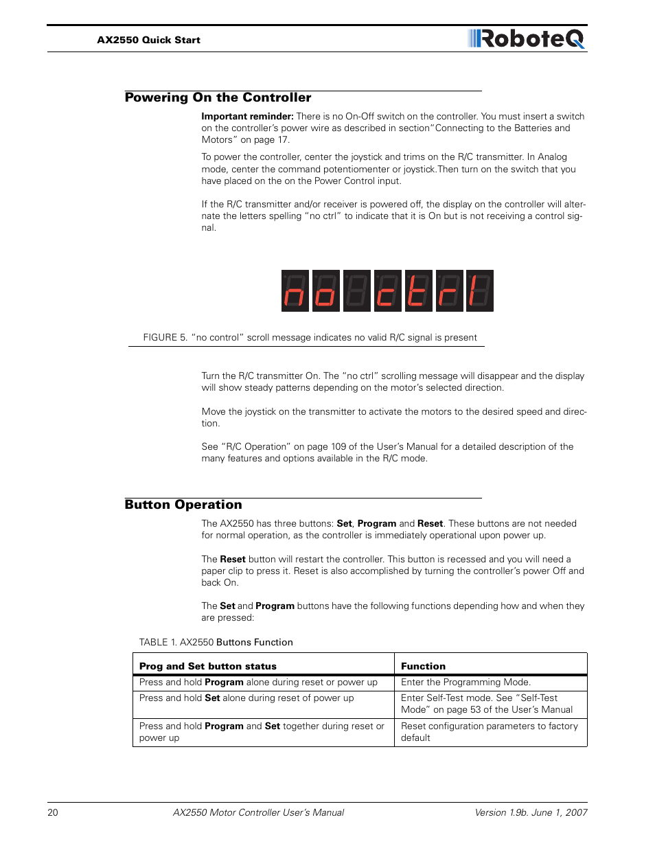 Powering on the controller, Button operation | RoboteQ AX2850 User Manual | Page 20 / 200