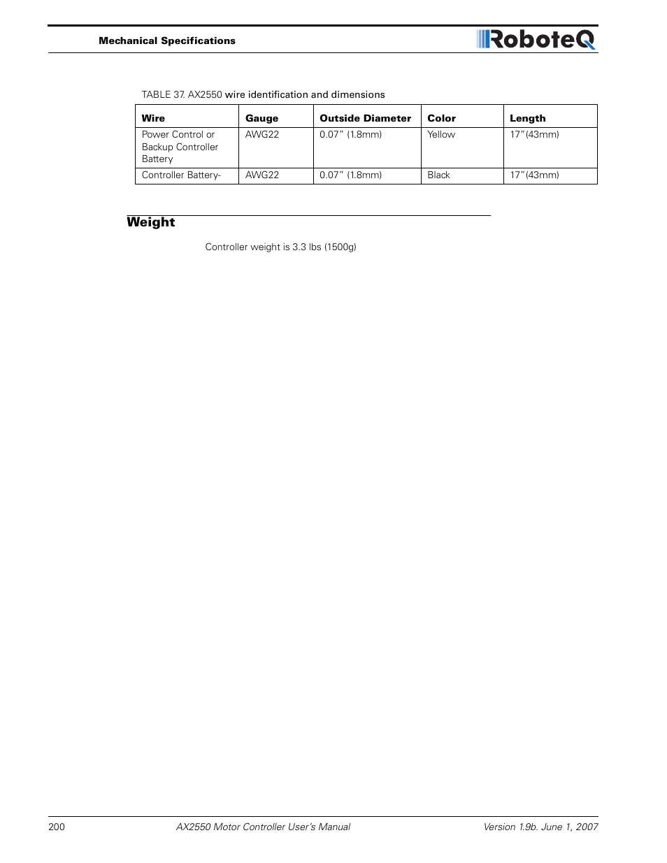 Weight | RoboteQ AX2850 User Manual | Page 200 / 200