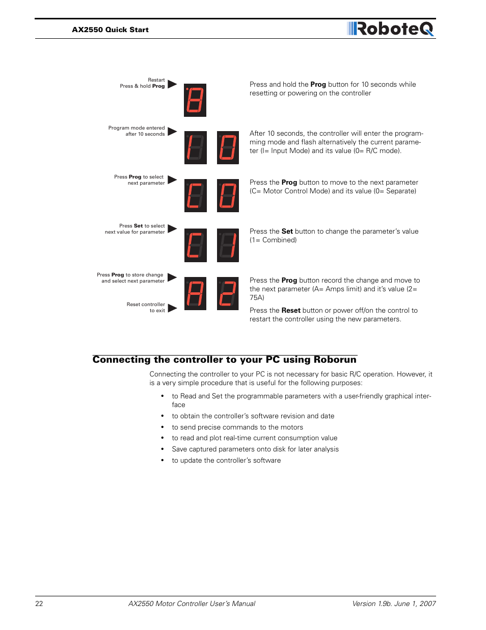 Connecting the controller to your pc using roborun | RoboteQ AX2850 User Manual | Page 22 / 200