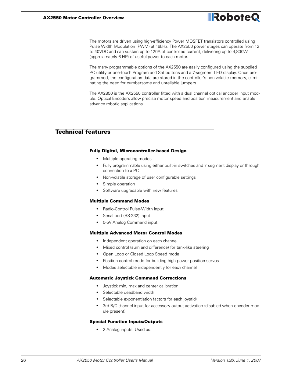 Technical features | RoboteQ AX2850 User Manual | Page 26 / 200