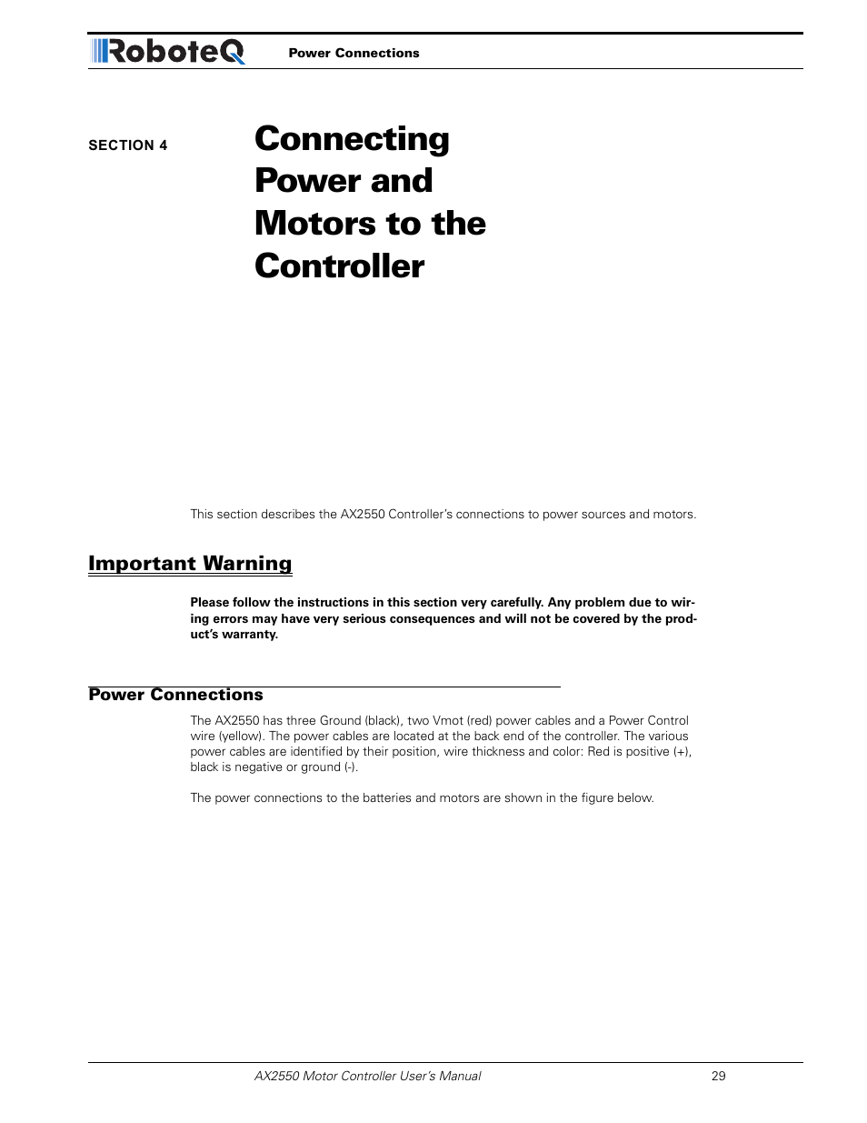 Important warning, Power connections, Section 4 | Connecting power and motors to the controller | RoboteQ AX2850 User Manual | Page 29 / 200