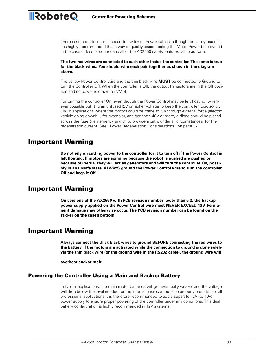 Important warning | RoboteQ AX2850 User Manual | Page 33 / 200