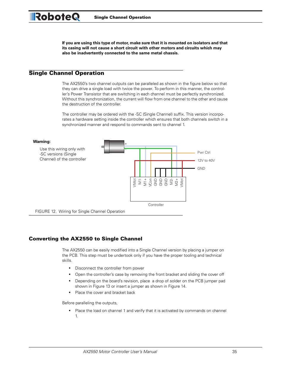 Single channel operation, Converting the ax2550 to single channel | RoboteQ AX2850 User Manual | Page 35 / 200