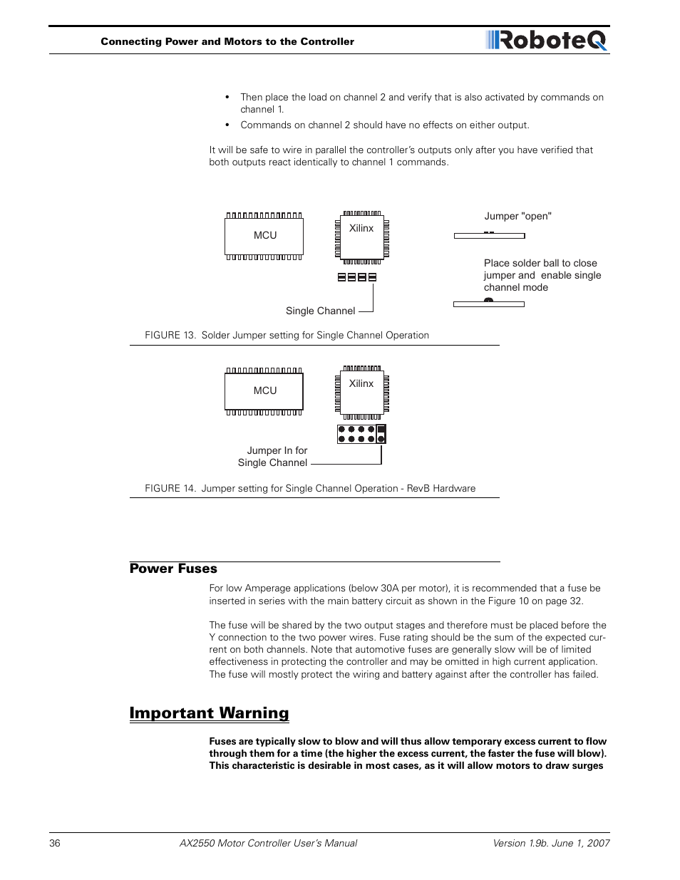 Power fuses, Important warning | RoboteQ AX2850 User Manual | Page 36 / 200