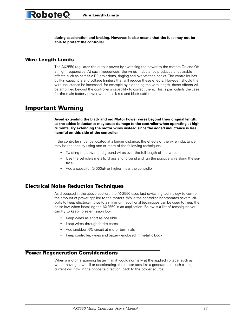 Wire length limits, Important warning, Electrical noise reduction techniques | Power regeneration considerations | RoboteQ AX2850 User Manual | Page 37 / 200