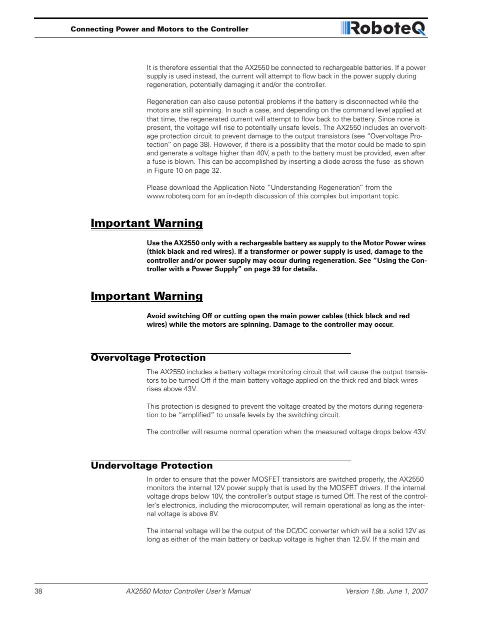 Important warning, Overvoltage protection, Undervoltage protection | RoboteQ AX2850 User Manual | Page 38 / 200