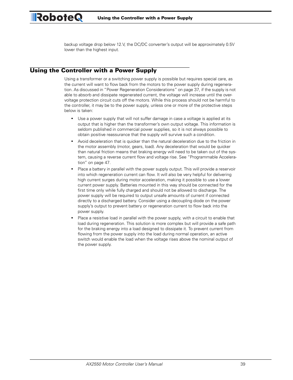 Using the controller with a power supply | RoboteQ AX2850 User Manual | Page 39 / 200