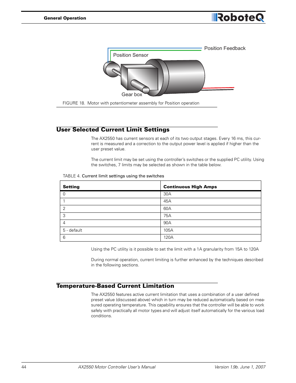 User selected current limit settings, Temperature-based current limitation, Figure 18 | RoboteQ AX2850 User Manual | Page 44 / 200