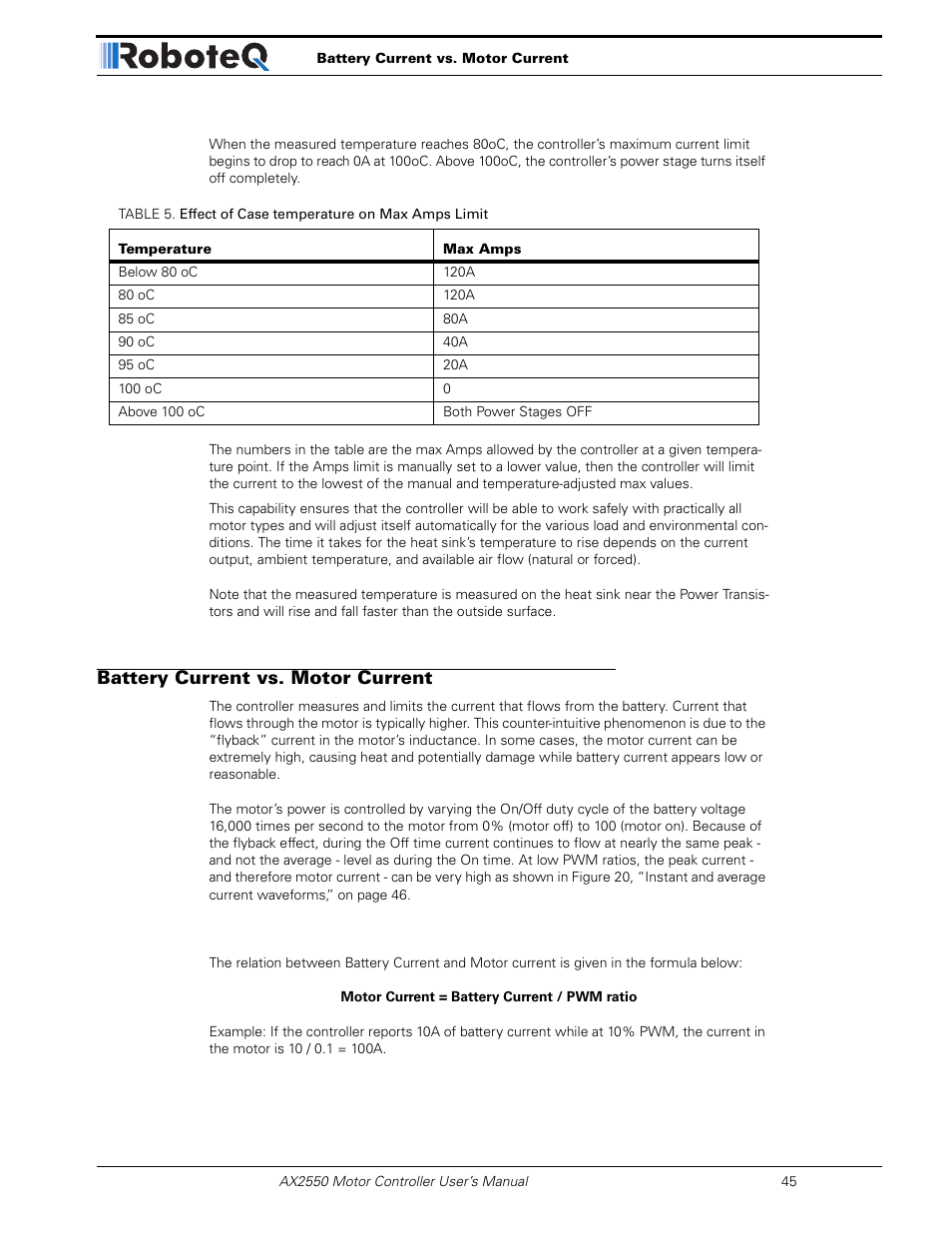 Battery current vs. motor current | RoboteQ AX2850 User Manual | Page 45 / 200