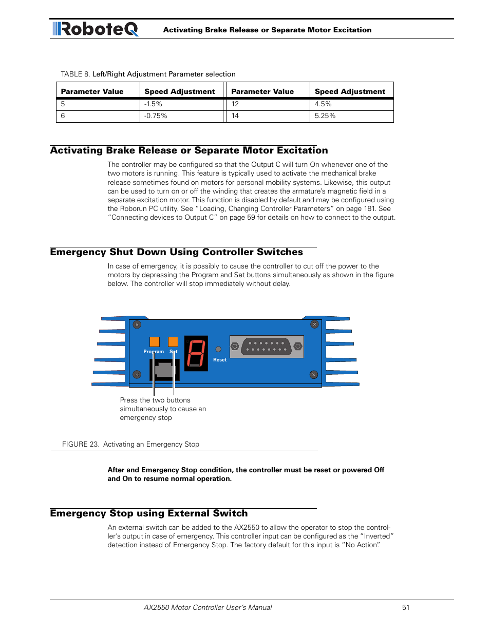 Emergency shut down using controller switches, Emergency stop using external switch | RoboteQ AX2850 User Manual | Page 51 / 200