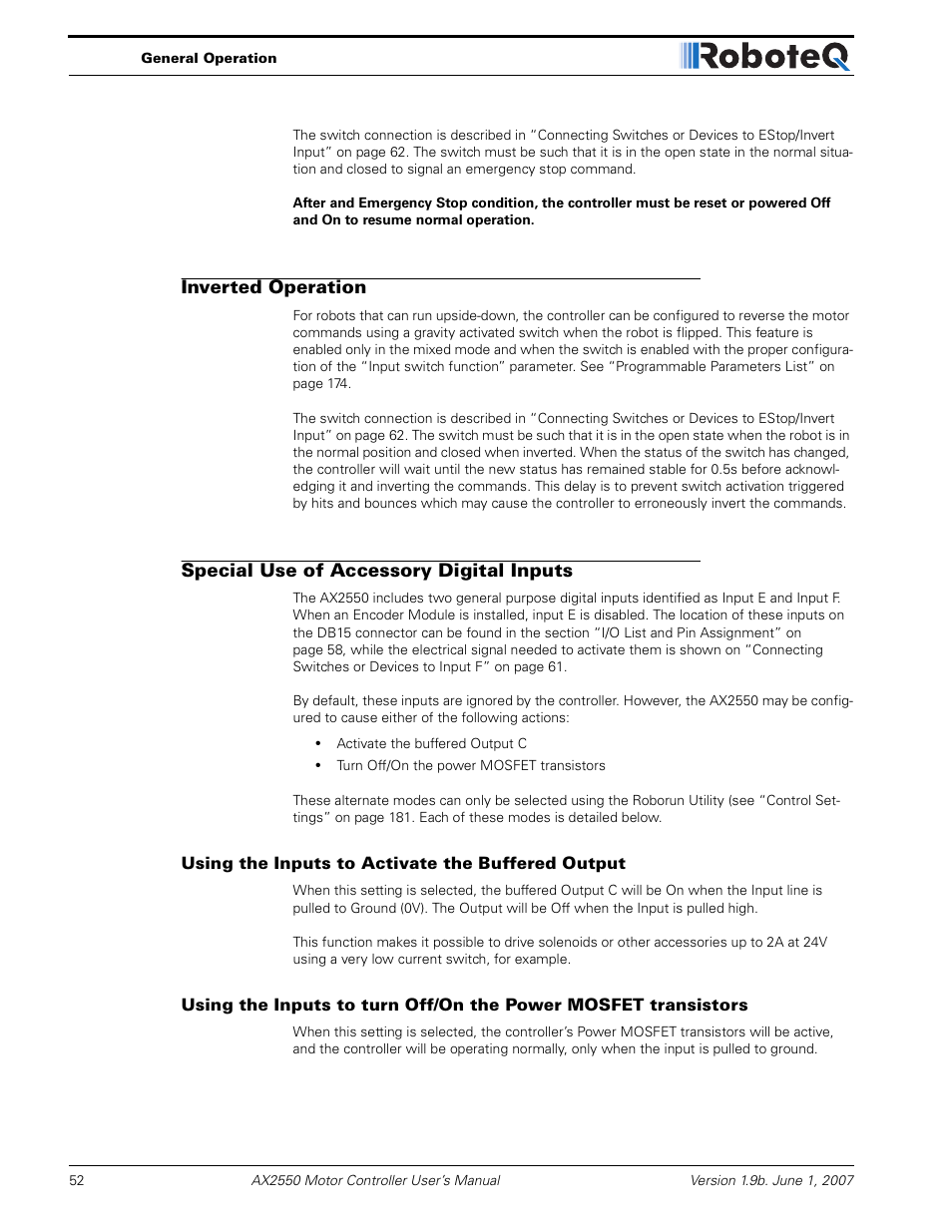 Inverted operation, Special use of accessory digital inputs, Using the inputs to activate the buffered output | RoboteQ AX2850 User Manual | Page 52 / 200