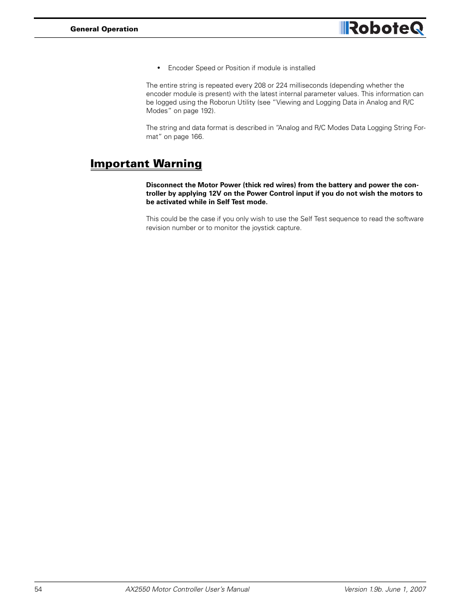 Important warning | RoboteQ AX2850 User Manual | Page 54 / 200