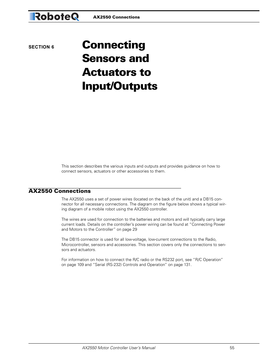 Ax2550 connections, Section 6, Connecting sensors and actuators to input/outputs | RoboteQ AX2850 User Manual | Page 55 / 200