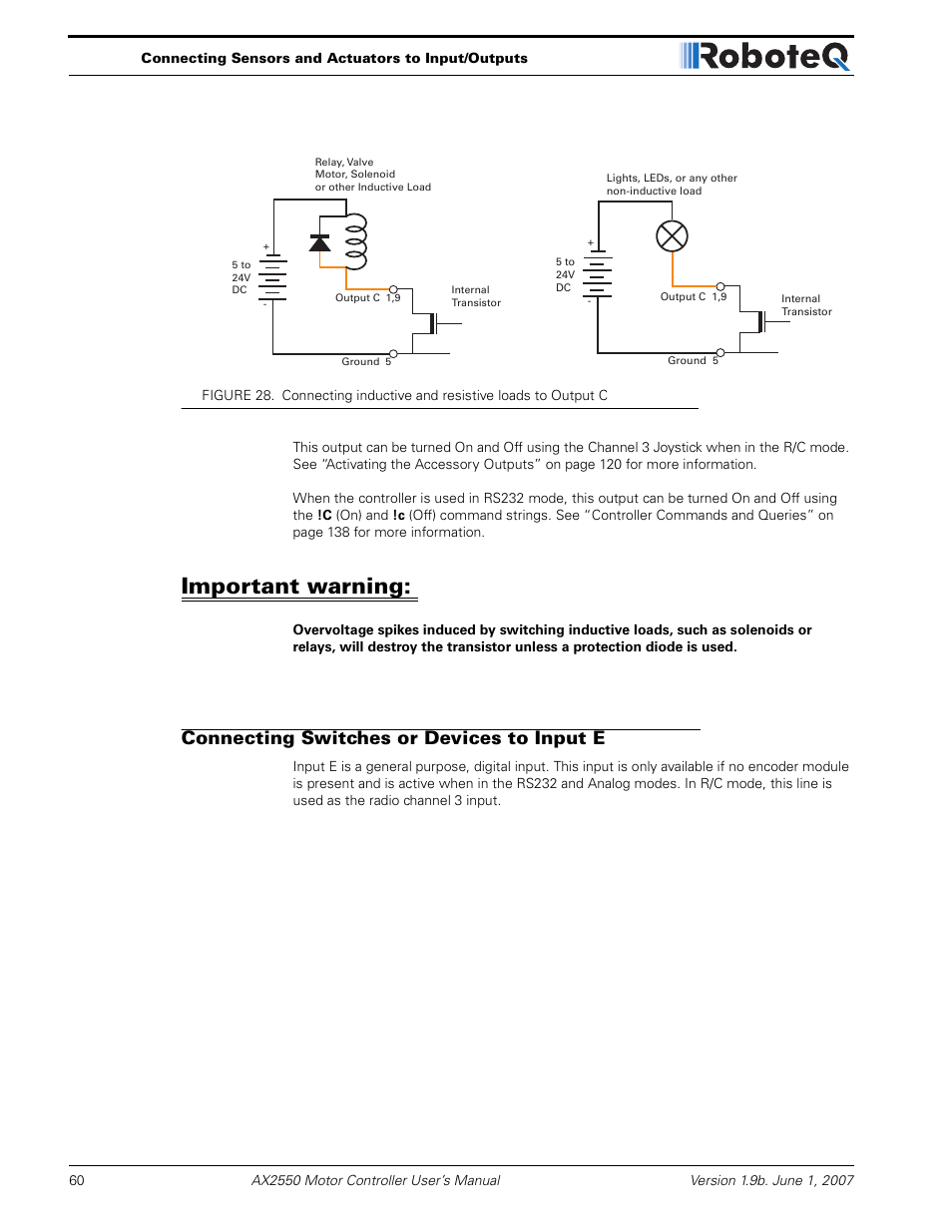 Important warning, Connecting switches or devices to input e | RoboteQ AX2850 User Manual | Page 60 / 200