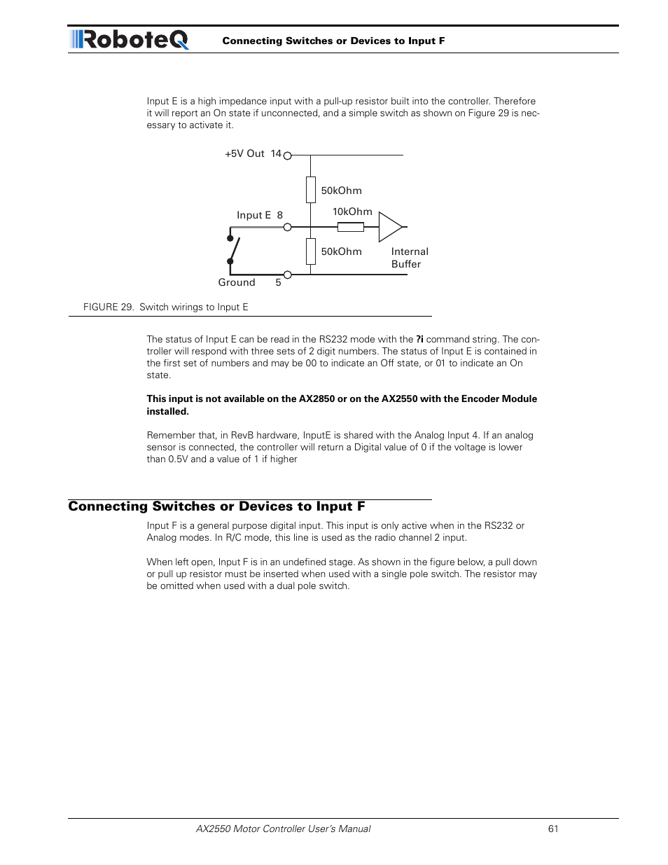 Connecting switches or devices to input f | RoboteQ AX2850 User Manual | Page 61 / 200