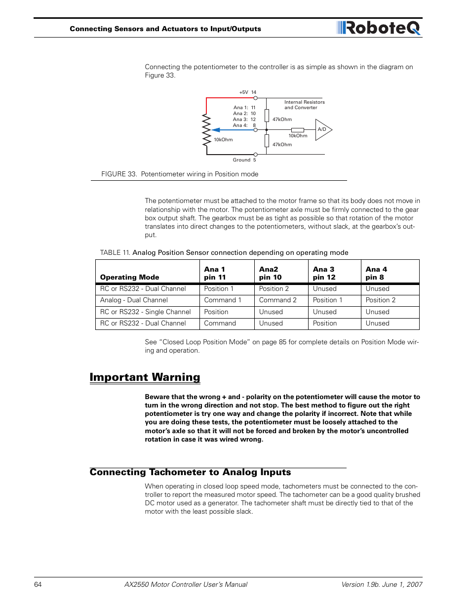 Important warning, Connecting tachometer to analog inputs | RoboteQ AX2850 User Manual | Page 64 / 200