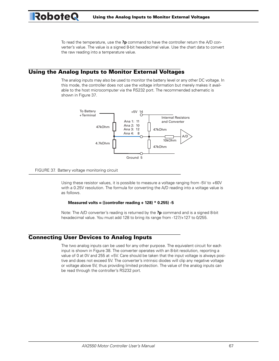 Connecting user devices to analog inputs | RoboteQ AX2850 User Manual | Page 67 / 200