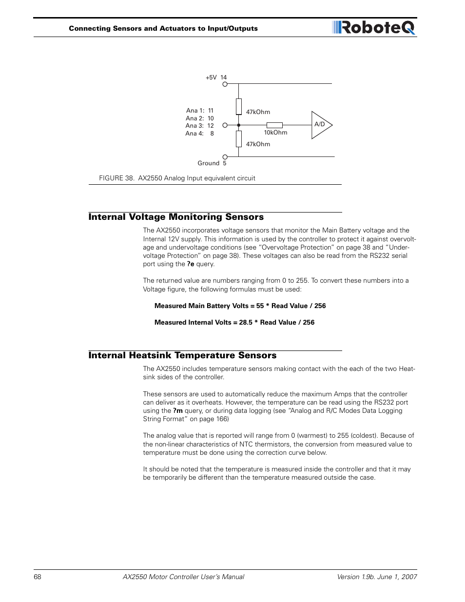 Internal voltage monitoring sensors, Internal heatsink temperature sensors | RoboteQ AX2850 User Manual | Page 68 / 200