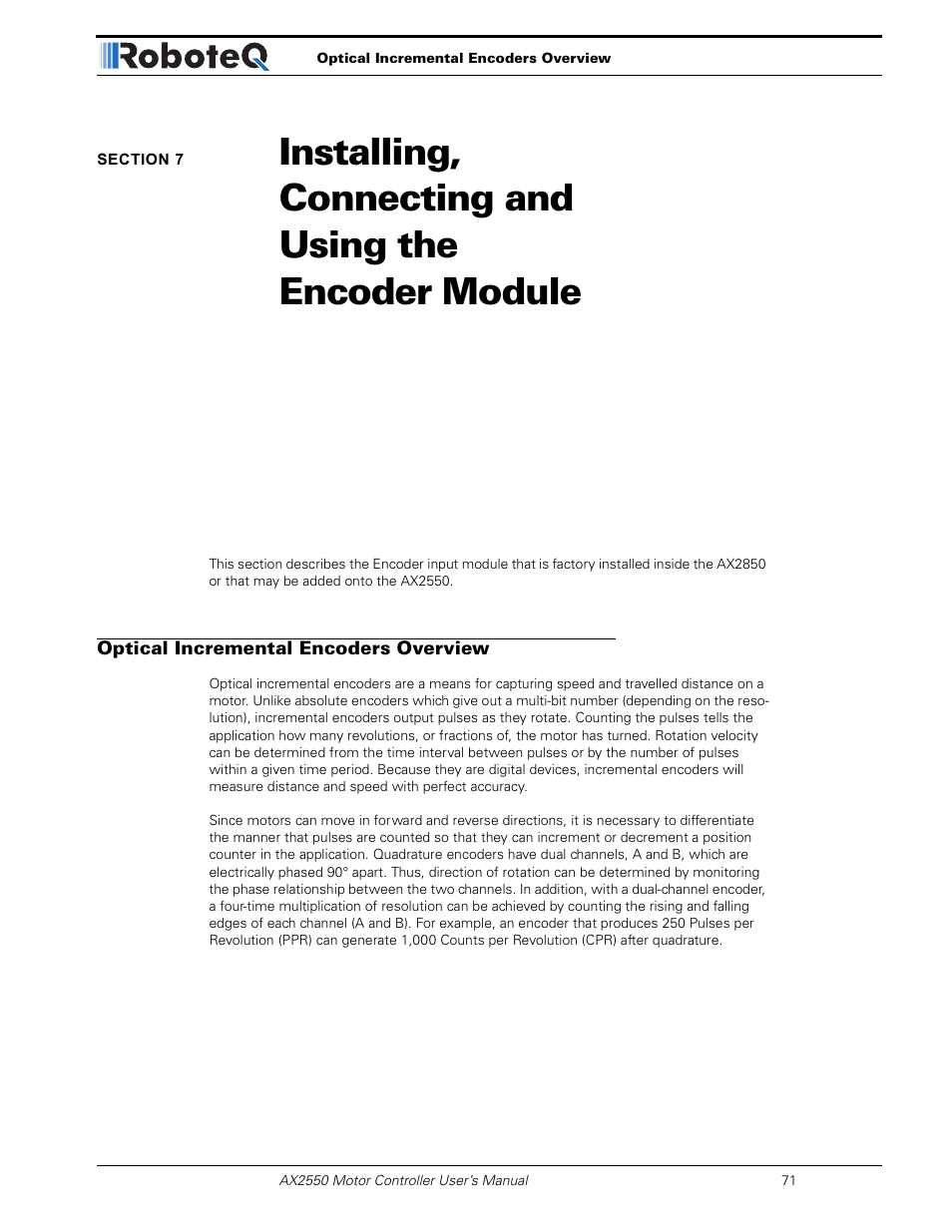 Optical incremental encoders overview, Section 7 | RoboteQ AX2850 User Manual | Page 71 / 200