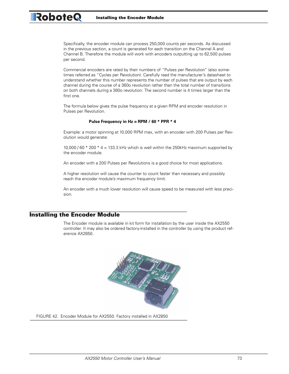 Installing the encoder module | RoboteQ AX2850 User Manual | Page 73 / 200
