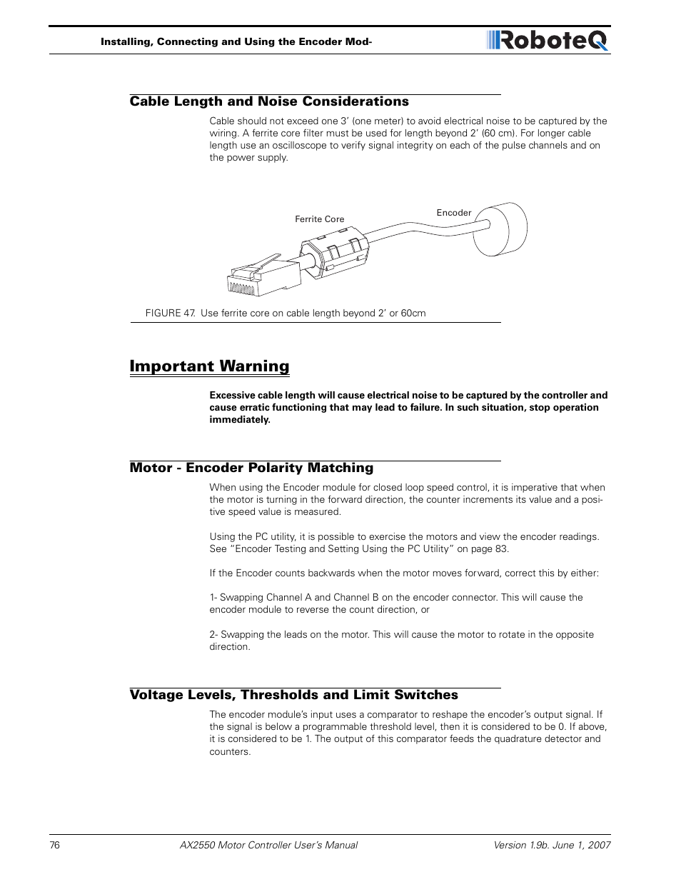 Cable length and noise considerations, Important warning, Motor - encoder polarity matching | Voltage levels, thresholds and limit switches | RoboteQ AX2850 User Manual | Page 76 / 200