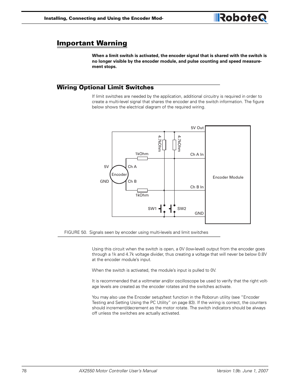 Important warning, Wiring optional limit switches | RoboteQ AX2850 User Manual | Page 78 / 200