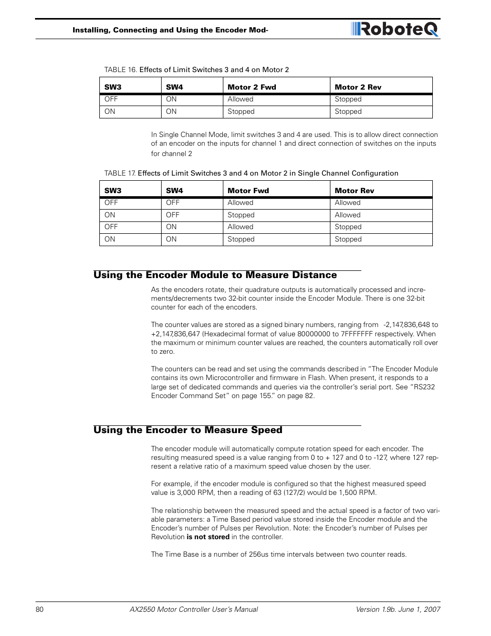 Using the encoder module to measure distance, Using the encoder to measure speed | RoboteQ AX2850 User Manual | Page 80 / 200