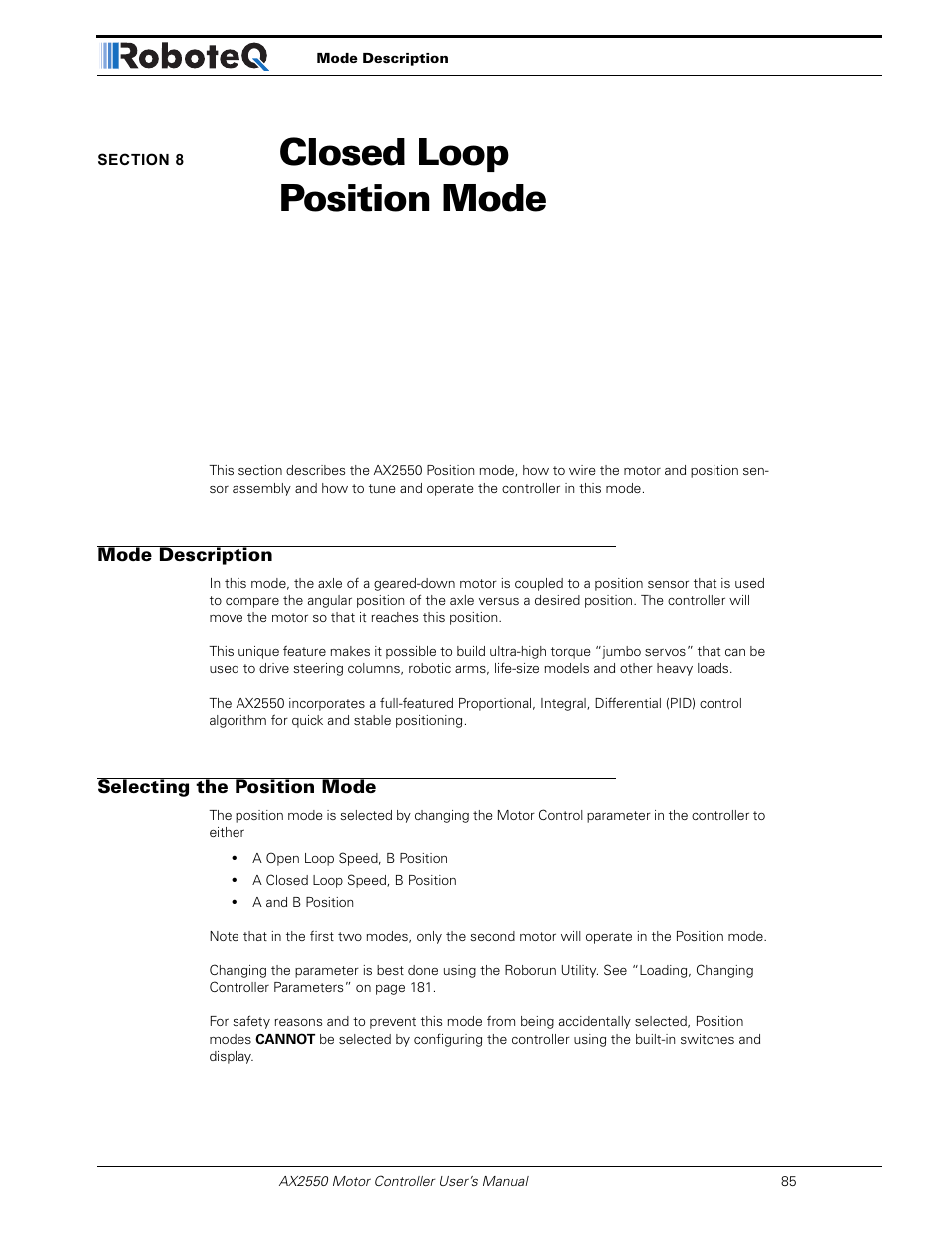 Section 8 closed loop position mode, Mode description, Selecting the position mode | Section 8, Closed loop position mode | RoboteQ AX2850 User Manual | Page 85 / 200