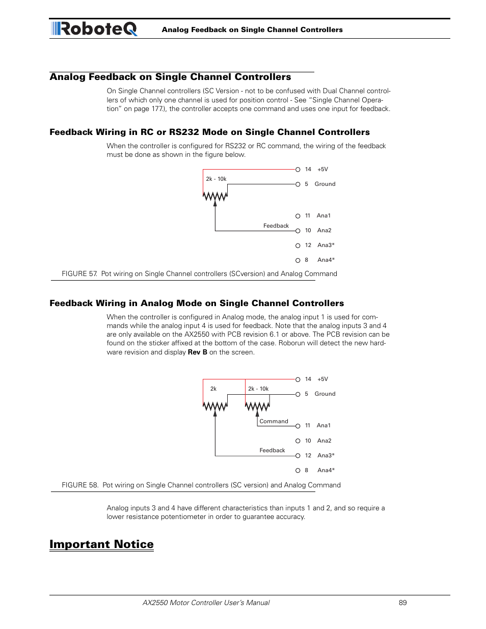 Analog feedback on single channel controllers, Important notice | RoboteQ AX2850 User Manual | Page 89 / 200