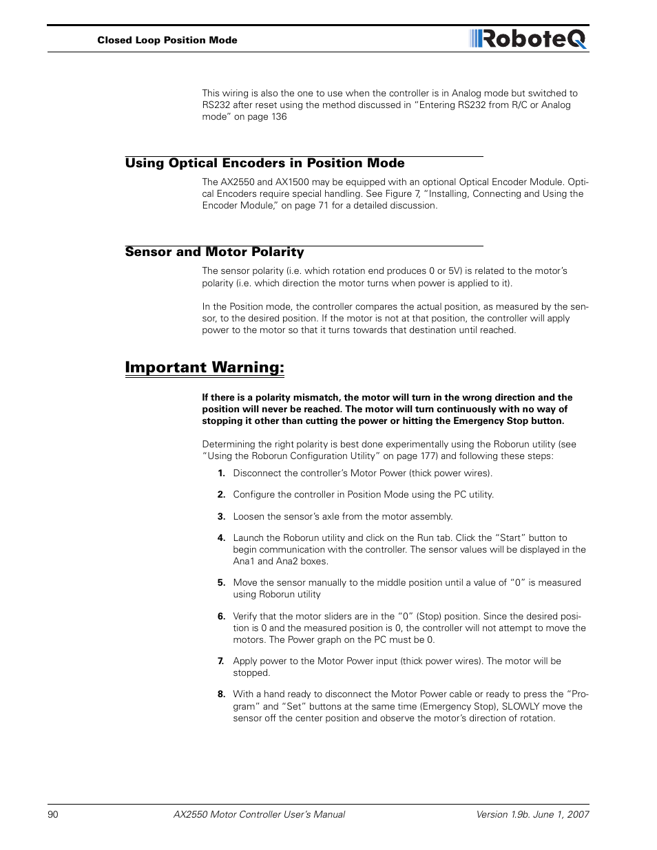 Using optical encoders in position mode, Sensor and motor polarity, Important warning | RoboteQ AX2850 User Manual | Page 90 / 200