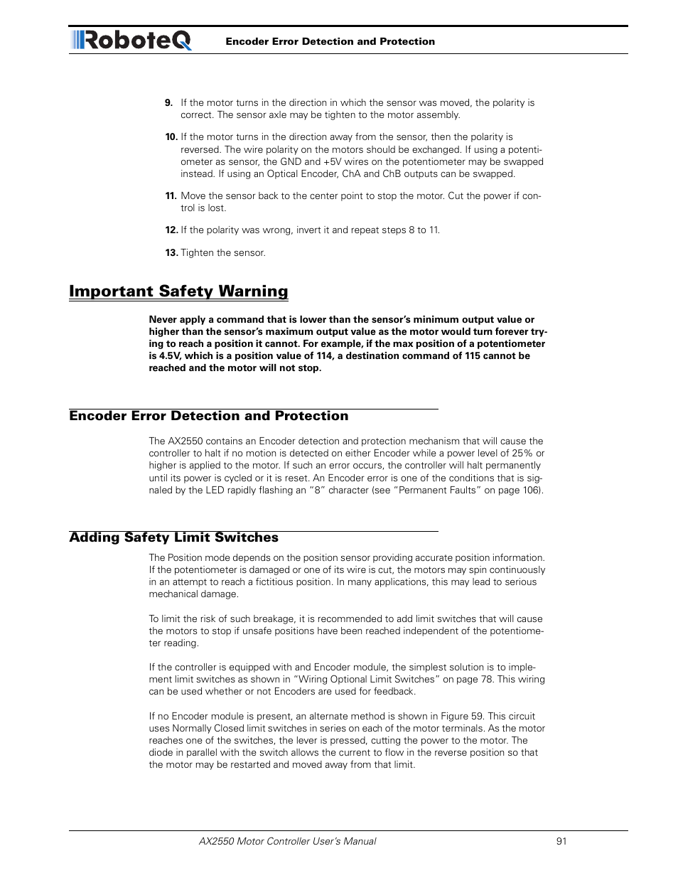 Important safety warning, Encoder error detection and protection, Adding safety limit switches | RoboteQ AX2850 User Manual | Page 91 / 200