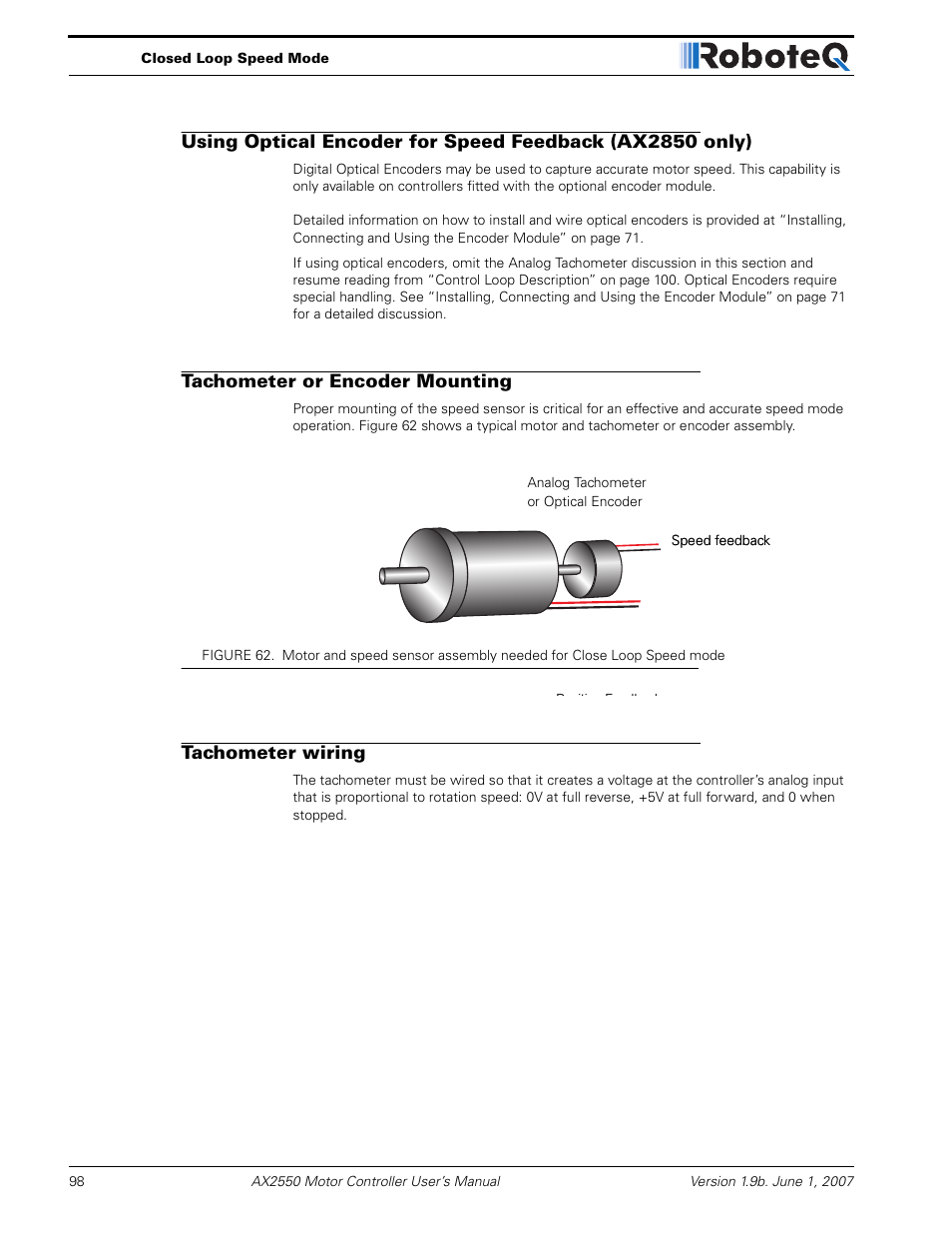 Tachometer or encoder mounting, Tachometer wiring | RoboteQ AX2850 User Manual | Page 98 / 200