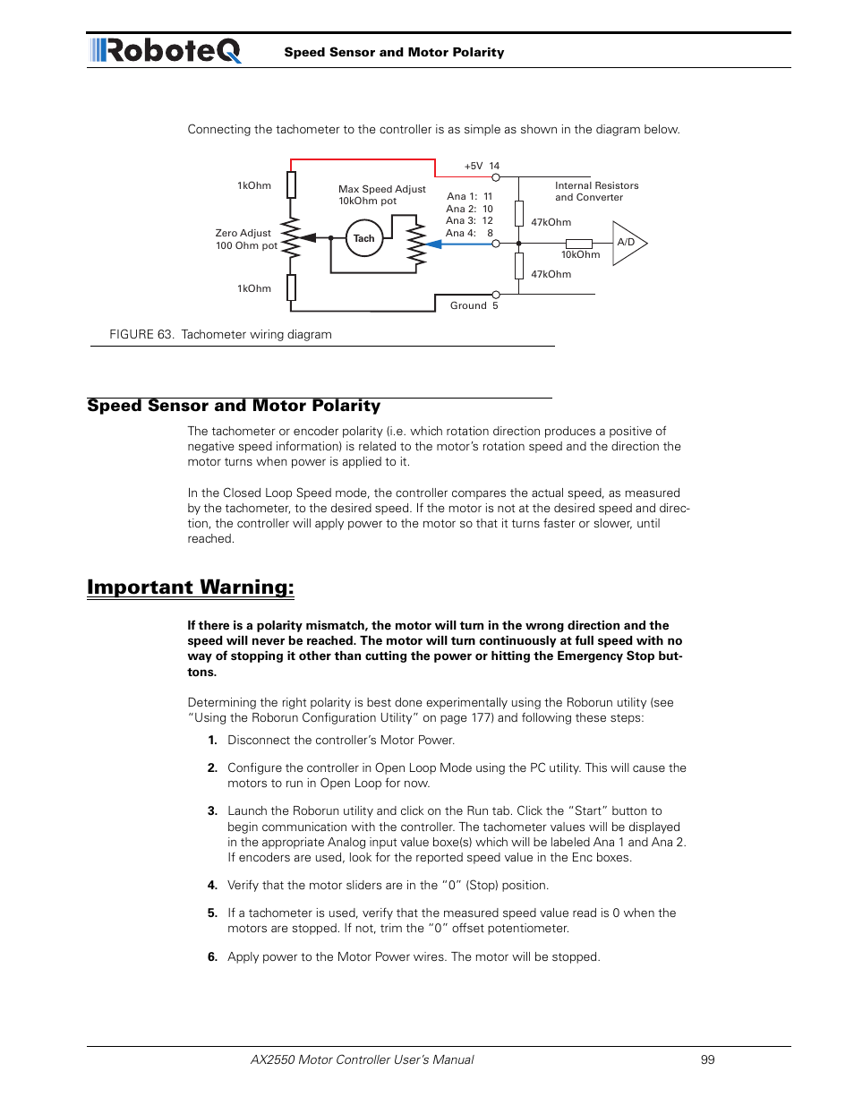 Speed sensor and motor polarity, Important warning | RoboteQ AX2850 User Manual | Page 99 / 200