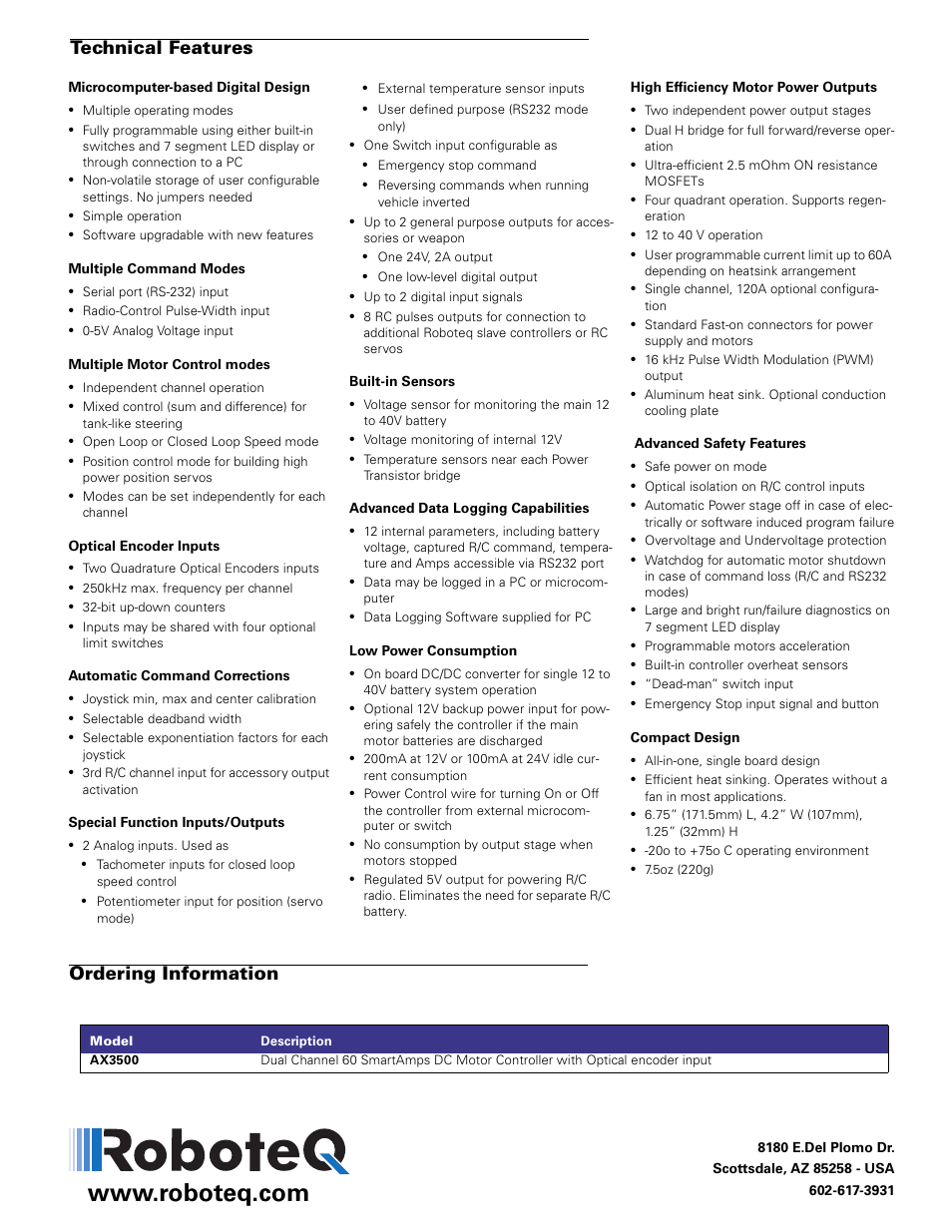 Technical features ordering information | RoboteQ AX3500 User Manual | Page 2 / 2