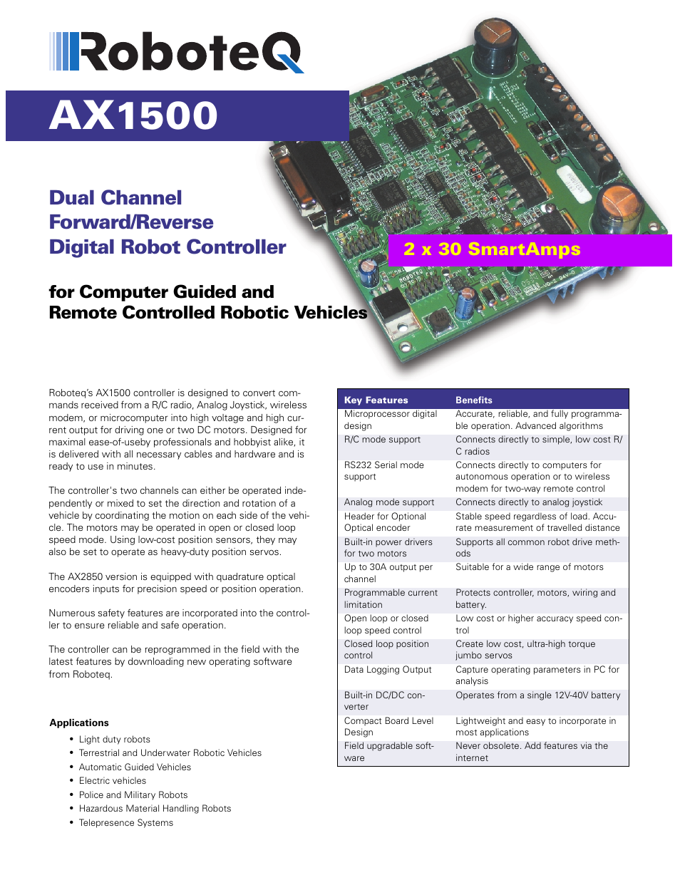 RoboteQ Dual Channel Digital Motor Controller AX1500 User Manual | 2 pages