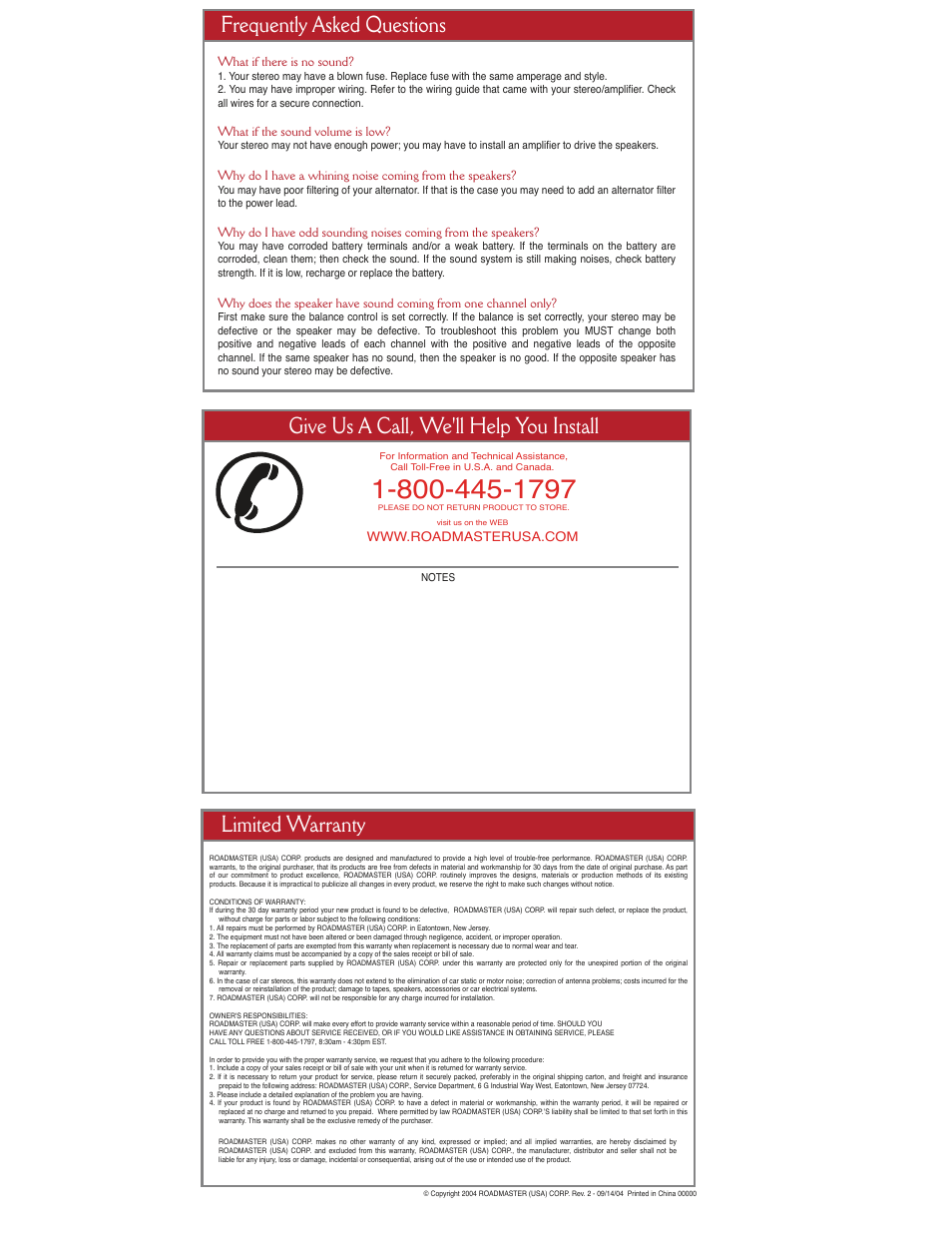 Read first, Give us a call, we'll help you install | Roadmaster Car Component Speaker User Manual | Page 3 / 3