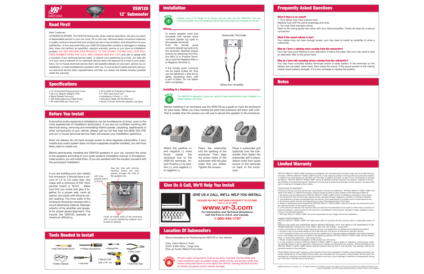 Roadmaster 12" Subwoofer VSW120 User Manual | 1 page