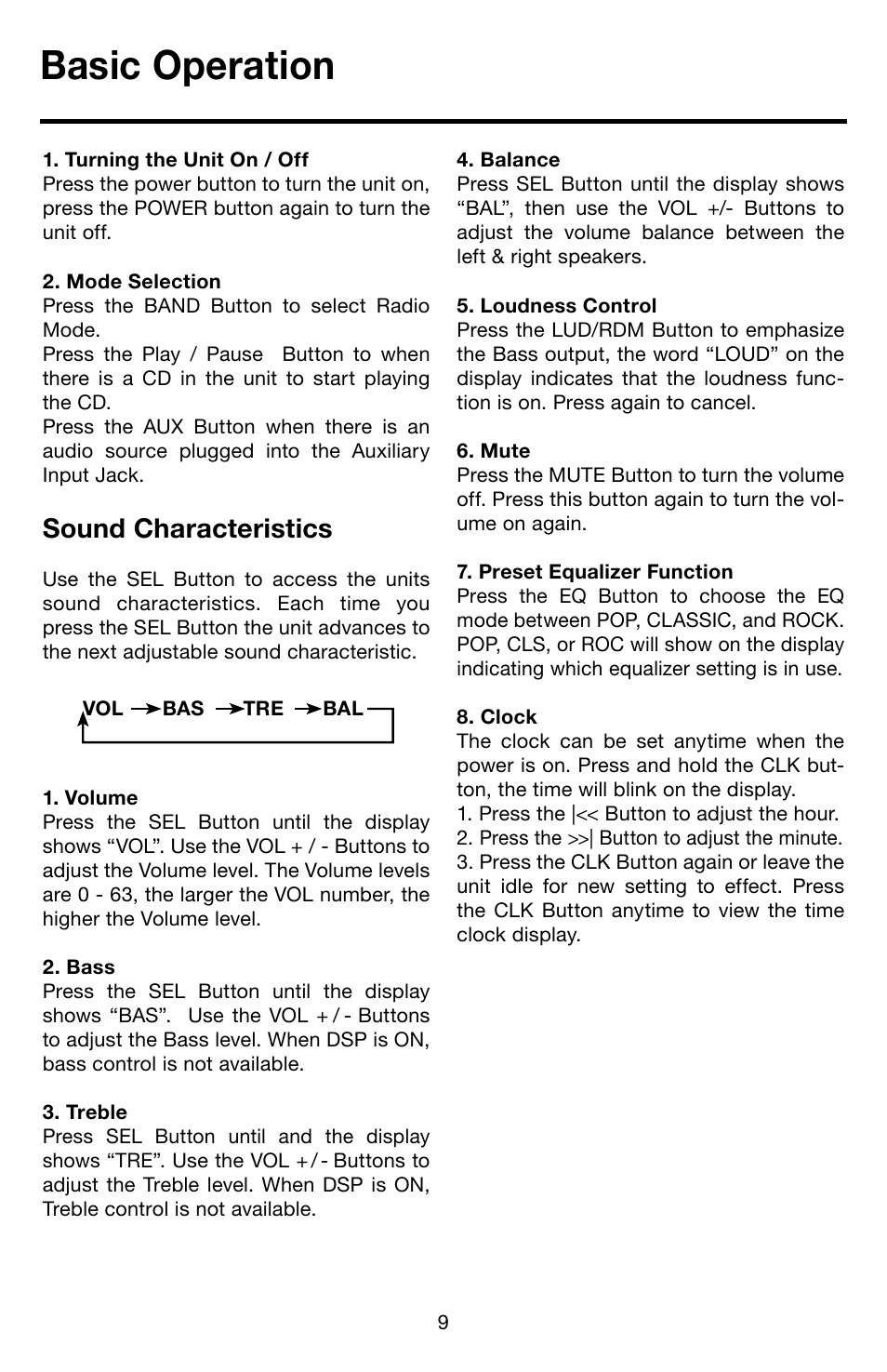 Basic operation, Sound characteristics | Roadmaster RMCD100M User Manual | Page 10 / 16