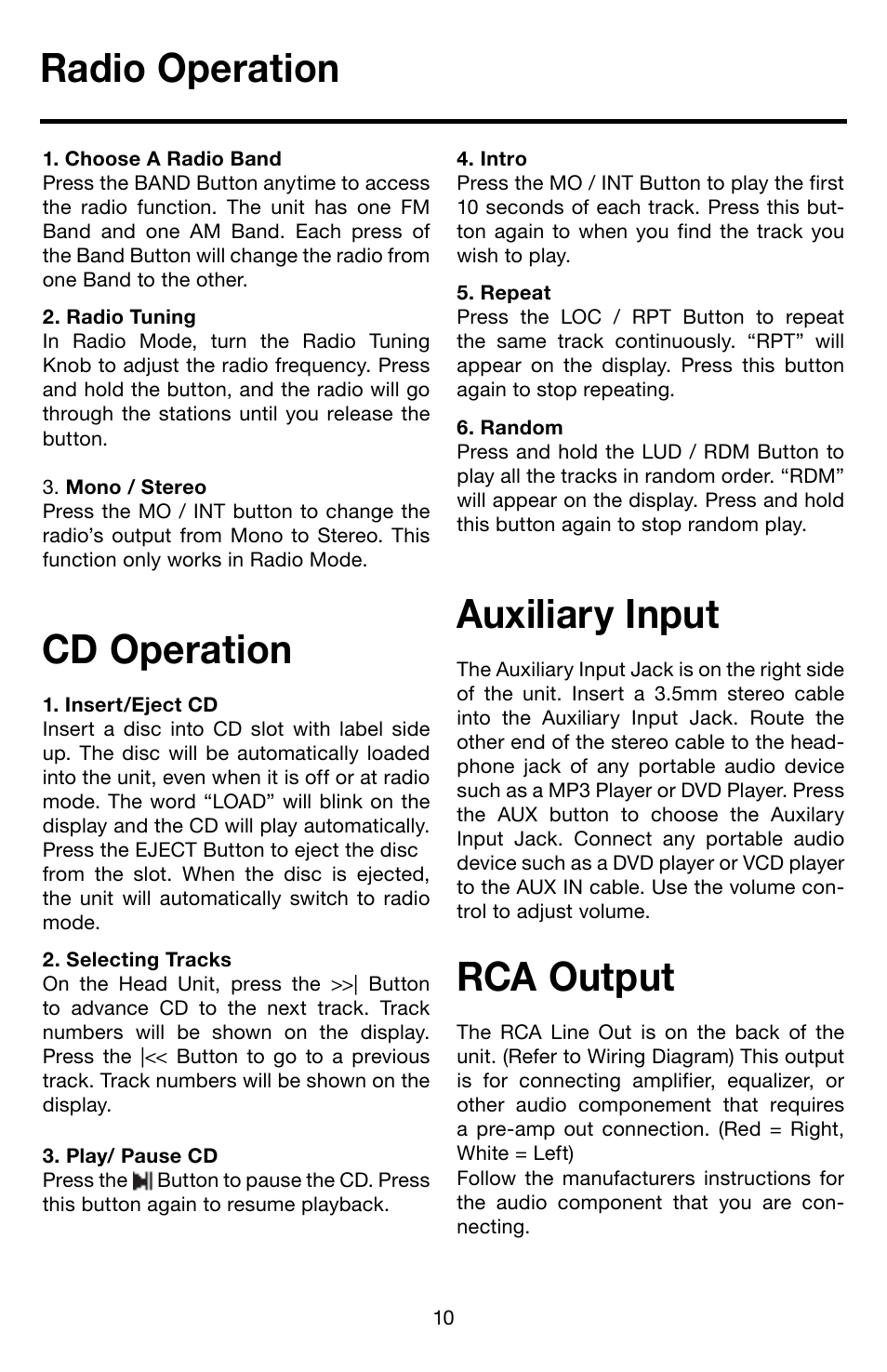 Radio operation, Cd operation, Auxiliary input | Rca output | Roadmaster RMCD100M User Manual | Page 11 / 16