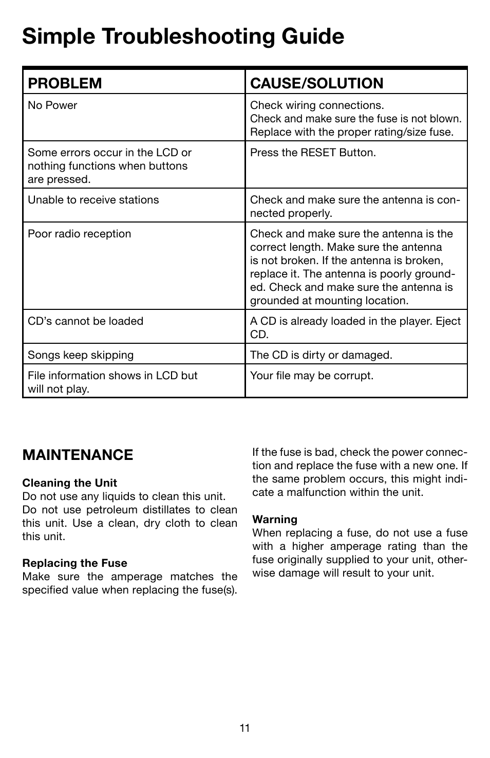 Simple troubleshooting guide, Maintenance, Problem cause/solution | Roadmaster RMCD100M User Manual | Page 12 / 16