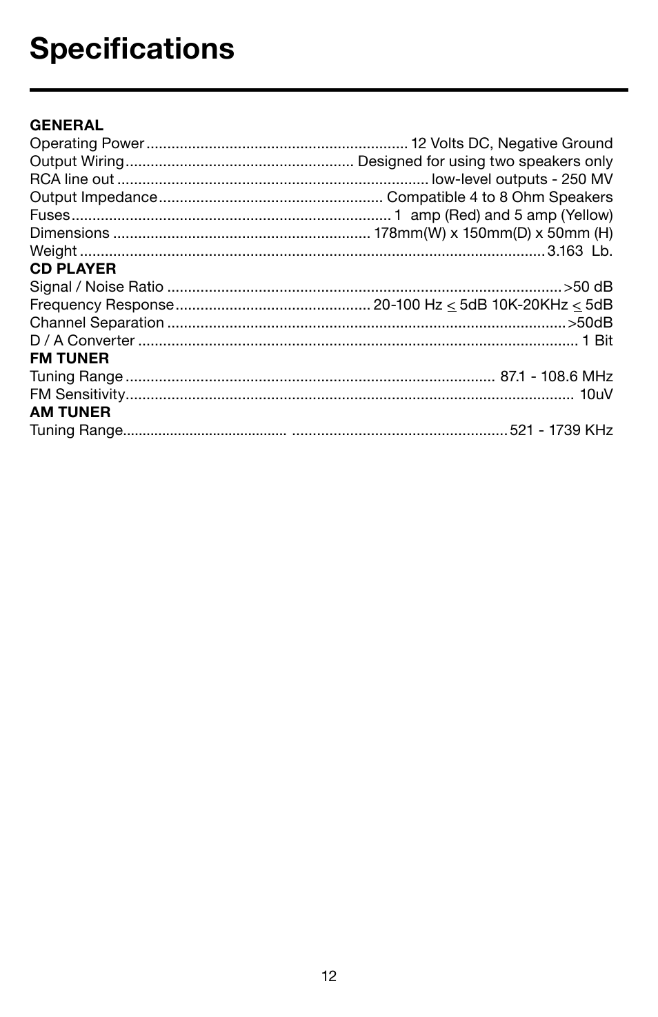 Specifications | Roadmaster RMCD100M User Manual | Page 13 / 16