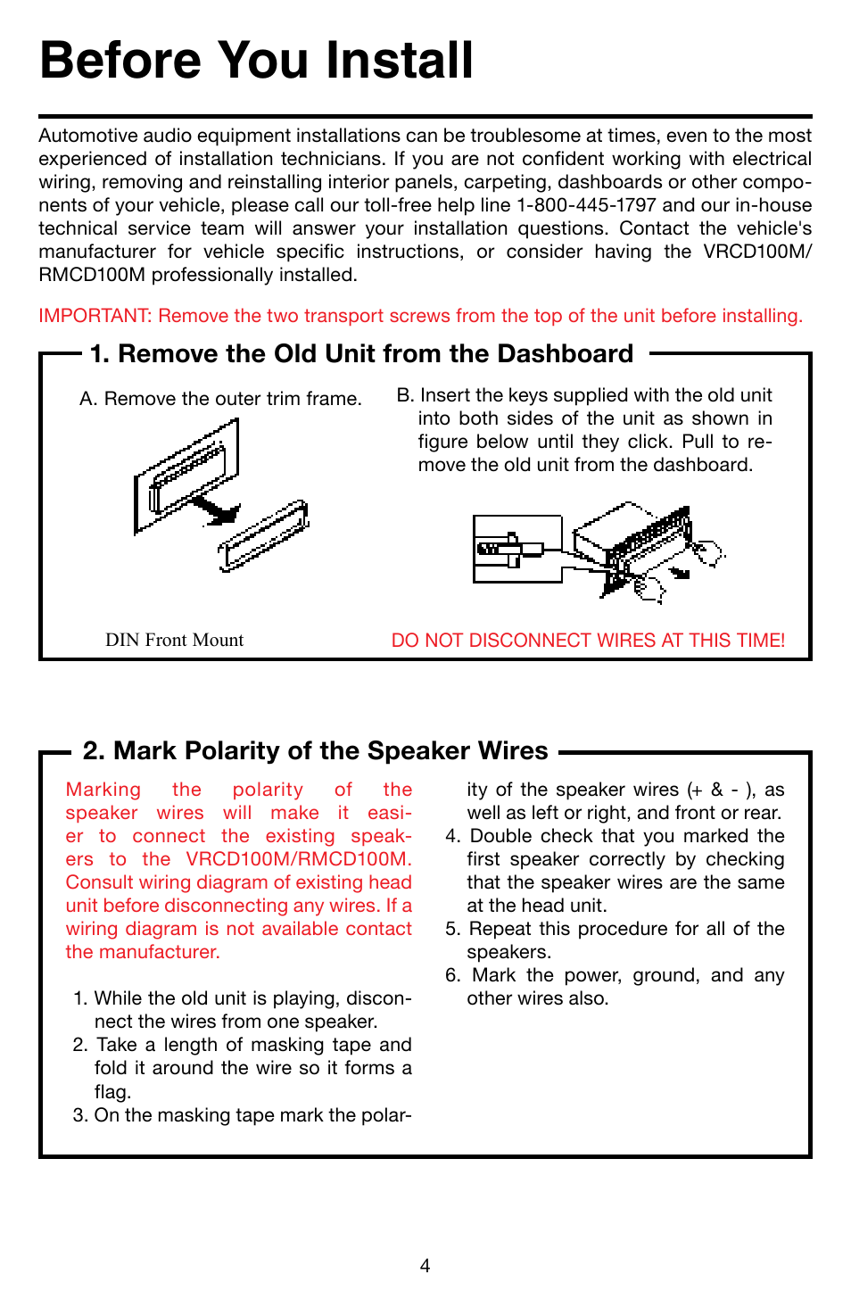 Before you install, Remove the old unit from the dashboard, Mark polarity of the speaker wires | Roadmaster RMCD100M User Manual | Page 5 / 16