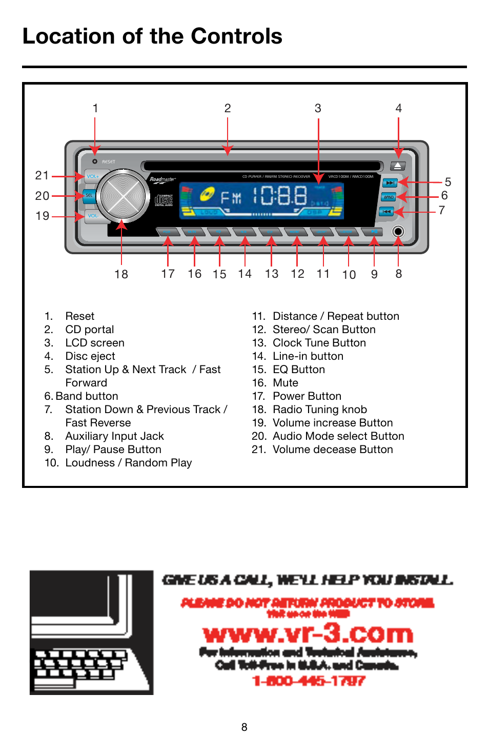 Location of the controls | Roadmaster RMCD100M User Manual | Page 9 / 16