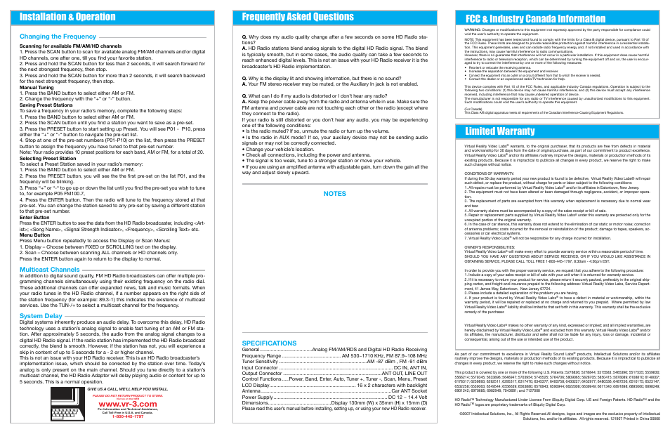 Frequently asked questions limited warranty, Changing the frequency, Multicast channels | System delay, Specifications | Roadmaster VRHDUA100 User Manual | Page 2 / 2
