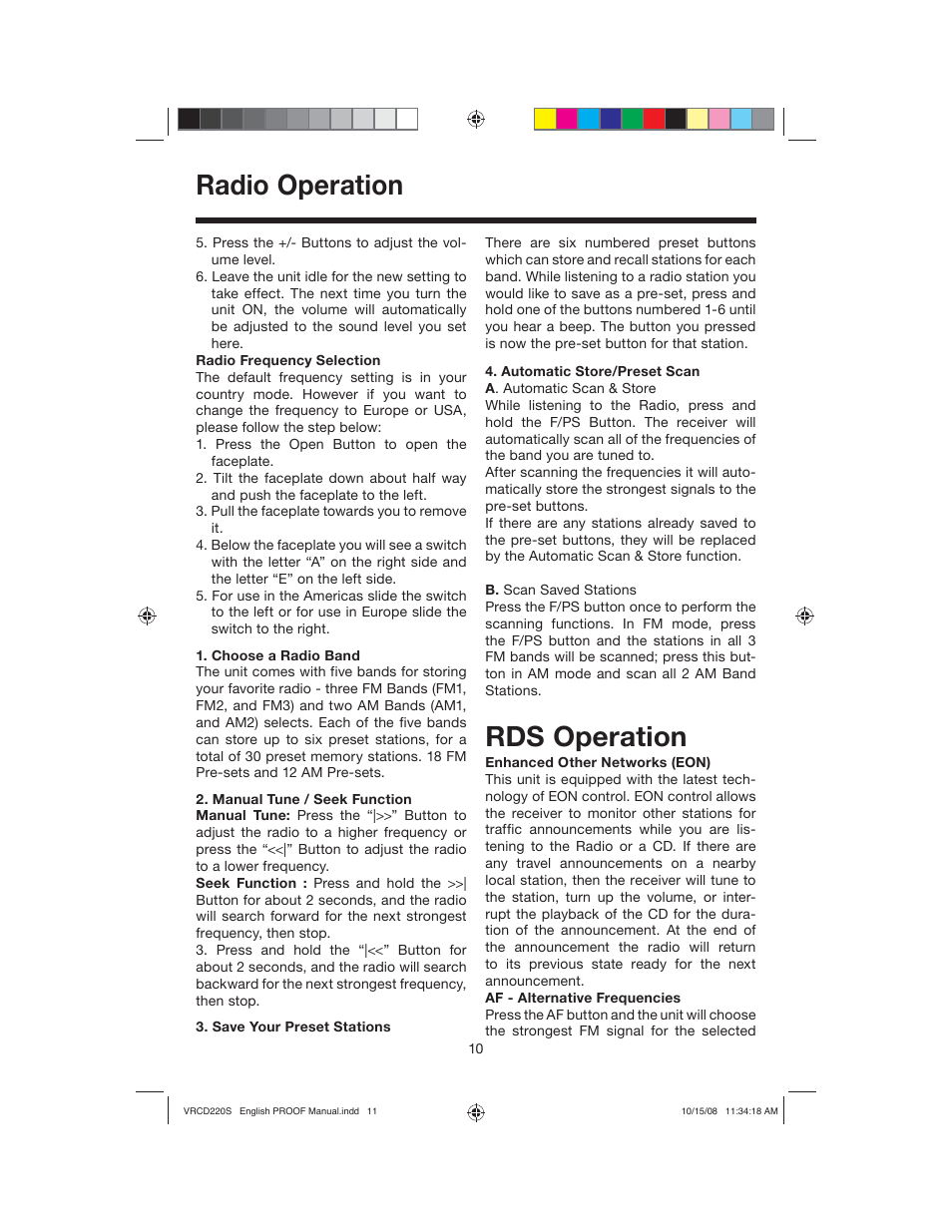 Radio operation, Rds operation | Roadmaster VRCD220S User Manual | Page 11 / 18